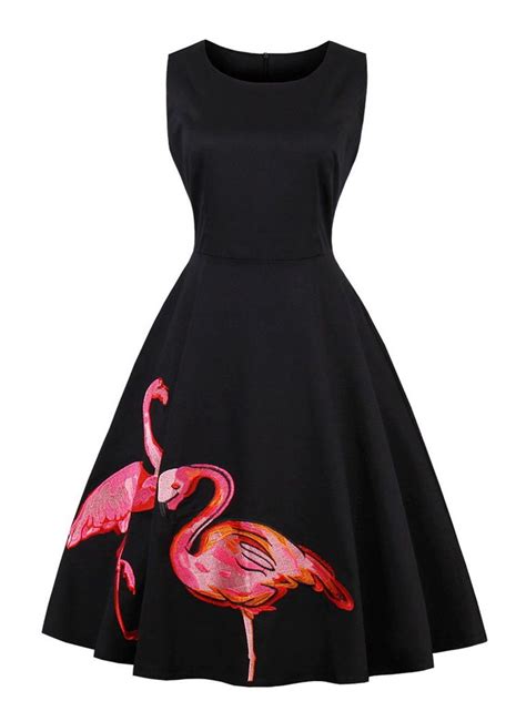 Black 1950s Flamingo Embroidery Dress Flamingo Dress Swing Dress