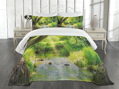 Forest Bedspread Set Queen Size Stream Cascade In Tropical Forest