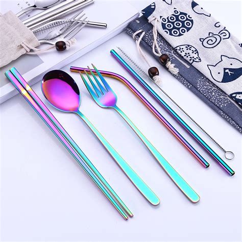 Bộ 7 món đũa muỗng nĩa ống hút inox kèm túi | Shopee Việt Nam