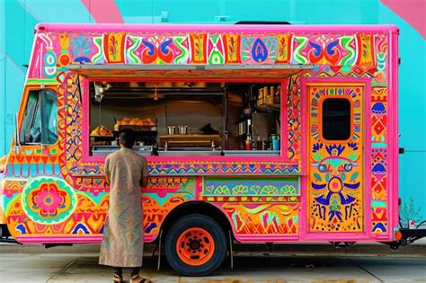 Premium Photo | A person stands in front of a vibrant food truck ready ...