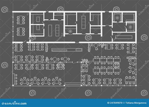 Linear Sketch Rectangle Restaurant With Terrace Plan On Gray Background