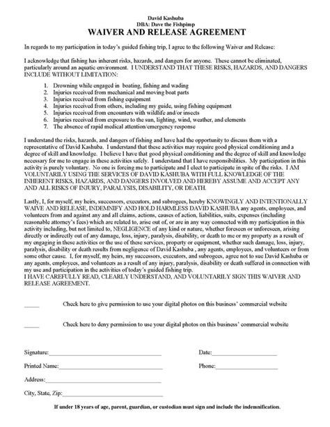 Waiver And Release Agreement Dave The Fishpimp Bass Fishing Guide