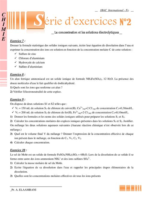 La Concentration Et Les Solutions Lectrolytiques Exercices Non