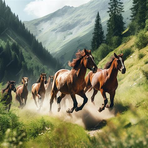 Horses running through the mountains across | Premium AI-generated image