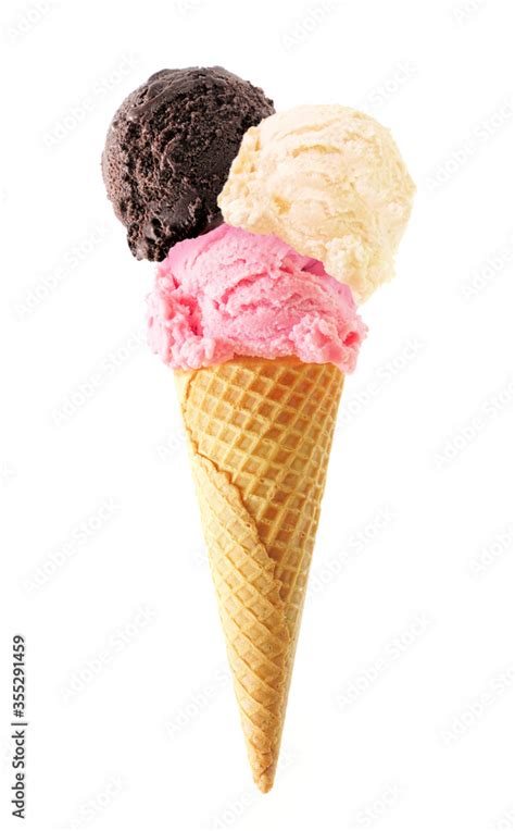 Triple Scoop Ice Cream Cone Isolated On A White Background Chocolate