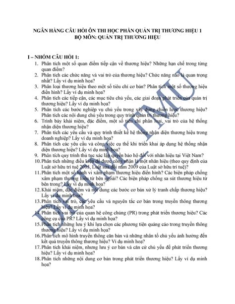 Câu Hỏi ôn Tập Quản Trị Thương Hiệu 1 NgÂn HÀng CÂu HỎi Ôn Thi HỌc PhẦn QuẢn TrỊ ThƯƠng HiỆu 1