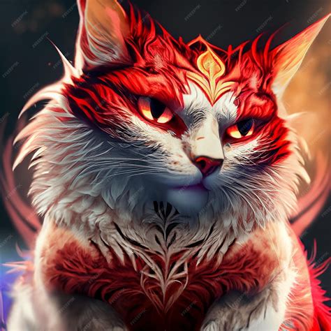 Premium Ai Image Close Up Of Mystic Cat Like A Phoenix Red And White