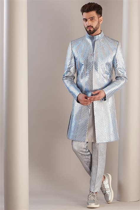 Buy Amit Aggarwal Men Blue Mesh Fabric Metallic Polymer Hand Woven