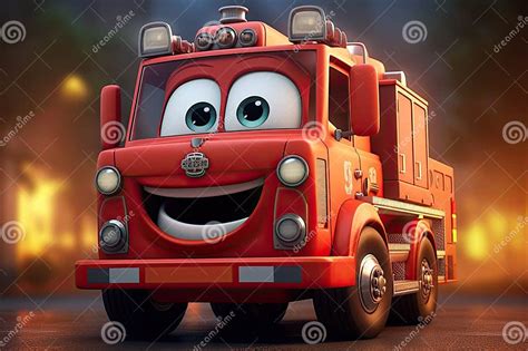 Cute Cartoon Fire Engine Red Colour 3d Character with Big Eyes on the ...