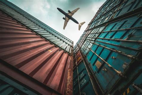 Freight Airplane Flying Above Overseas Shipping Container Stock Photo