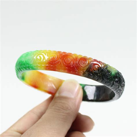 70mm Chinese Hand Carved Multi Color Jade Jadeite Gems Bangle Bracelet