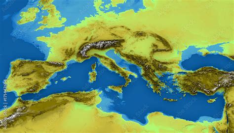 Cartina Del Mar Mediterraneo Ed Europa Mappa Delle Altezze Fondo My