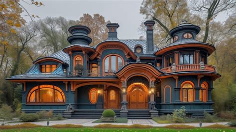 Premium Photo Victorian Mansion With Warm Lights And Autumn Foliage