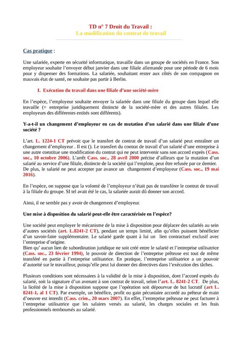 TD Droit Du Travail N7 Modification CT TD N 7 Droit Du Travail La