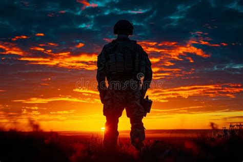 Silhouette of a Military Soldier at Sunset Sun Stock Illustration ...