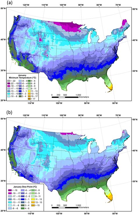 Maps of January minimum temperature and dew point. Conterminous US ...