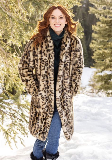 Leopard Signature Knee Length Faux Fur Coat