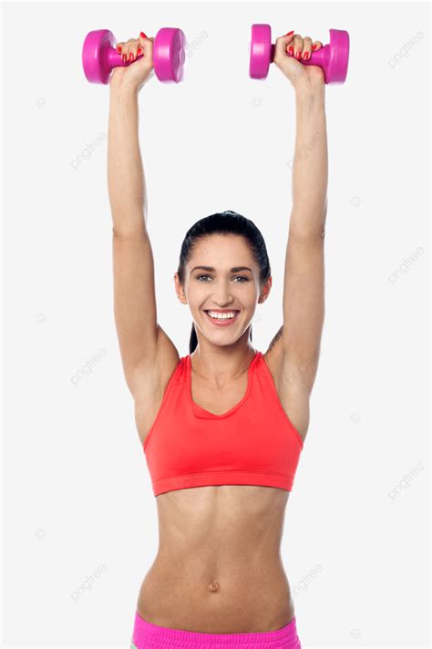 Happy Fitness Woman Lifting Dumbbells Sportswear Pretty Caucasian