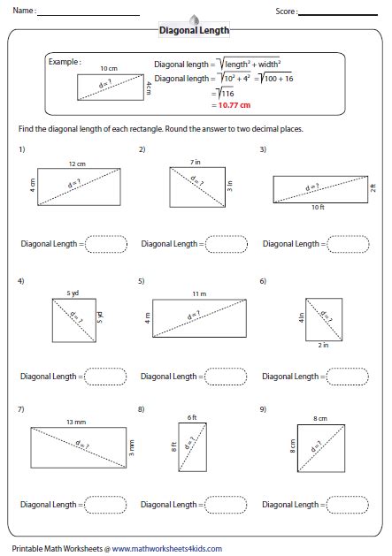 Rectangles Find Sides And Angles With Diagonals Worksheet