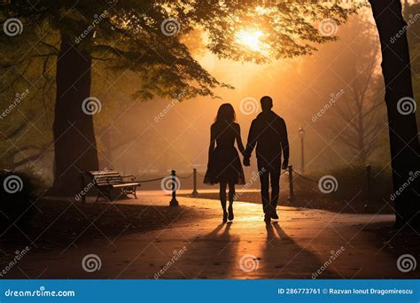 Romantic Moment Of A Beautiful Couple Walking Hand In Hand Through A