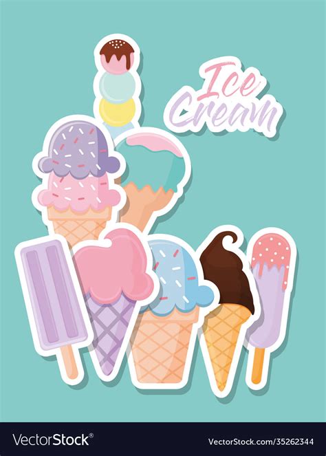 Set Ice Cream Icons With Ice Cream Lettering Vector Image