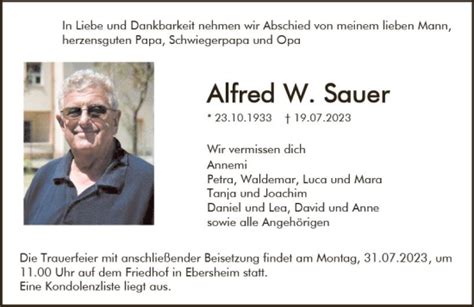 Traueranzeigen Von Alfred W Sauer Vrm Trauer De