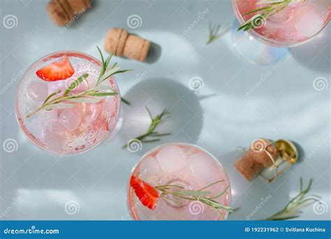 Glass Of Strawberry Cocktail Or Mocktail Refreshing Summer Drink With Crushed Ice And Sparkling