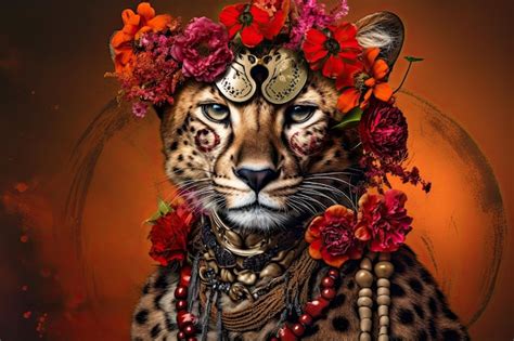 Premium AI Image Portrait Of A Fashion Cheetah Wearing Flowers And