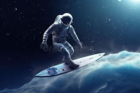 An Astronaut Surfing In The Deep Space The Spaceman On A Surfboard Is