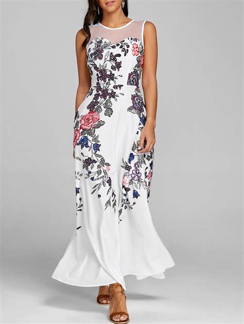 27 Off Floral Print Mesh Panel Maxi Dress Rosegal