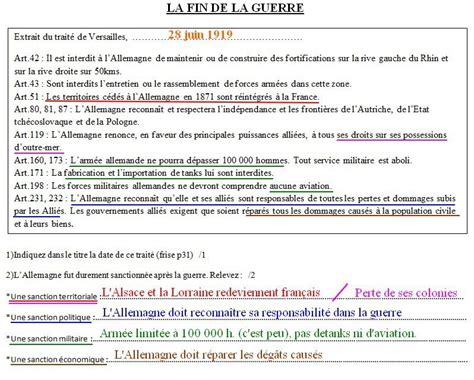 Le traité de Versailles 1919 Le brevet d histoire géo à Crécy