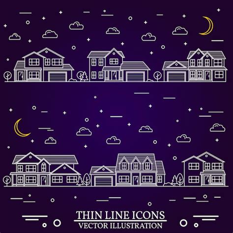 Barrio Con Casas Ilustradas Sobre Fondo Morado Vector Premium