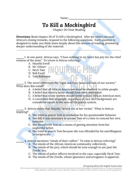 To Kill a Mockingbird Chapter 20 Close Reading Worksheet | Made By Teachers