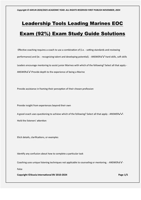 Leadership Tools Leading Marines EOC Exam (92%) Exam Study Guide Solutions - Prep Tests - Stuvia US