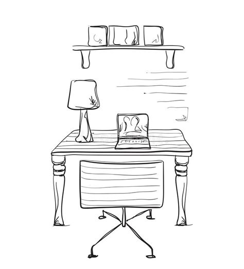 Sketch The Workplace In Front Of The Computer Vector Illustration