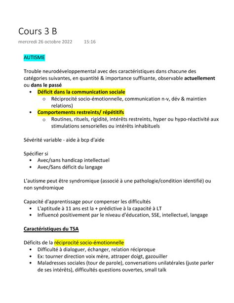 Notes Du Cours B Psy Neuropsychologie Autisme Trouble