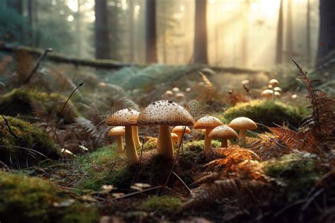 Inedible Poisonous Toadstool Mushrooms Growing In Forest On Sunny