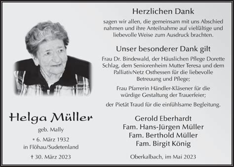 Traueranzeigen von Helga Müller trauer36 de