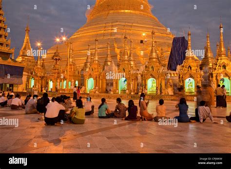 Myanmar Burma Shwedagon Pagoda Illuminated At Night Yangon Rangoon