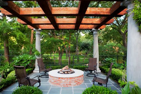 Classical Concrete And Cedar Pergola With Bluestone Paving And Firepit