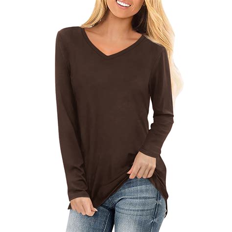 Amoretu Women S Tee Shirts Casual V Neck Long Sleeve Tops Blouse Brown