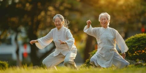 Premium Photo Two Elderly Chinese Women Are Doing Tai Chi In The Park