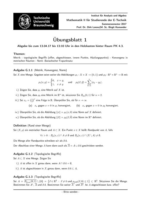 01 Übungsblatt Institut für Analysis und Algebra Mathematik II für