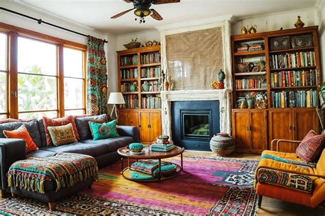 Bohemian-style (living room interior) with coffee tables and rug and ...