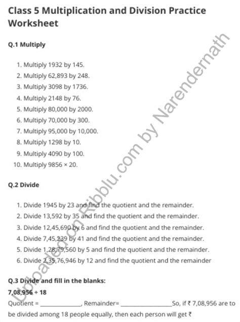 Multiplication And Division Class 5 Maths Worksheets Multiplication