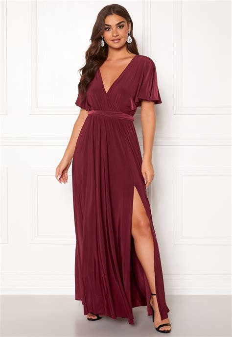 Goddiva Flutter Sleeve Maxi Dress Berry Bubbleroom