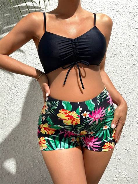 Shein Maternity Tropical Print Drawstring Bikini Swimsuit With Kimono