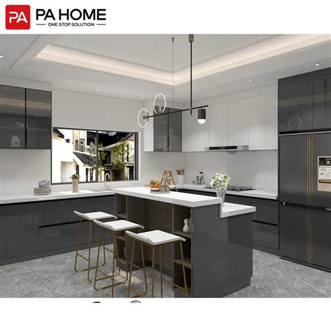 Pa Modern Melamine Cucina Completa Vietnam Dark Gray Glossy Lacquer