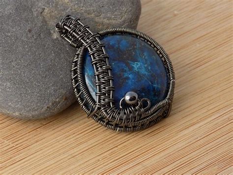 Shattuckite Round Cabochon Hematite Bead Pendant Wire Wrapped