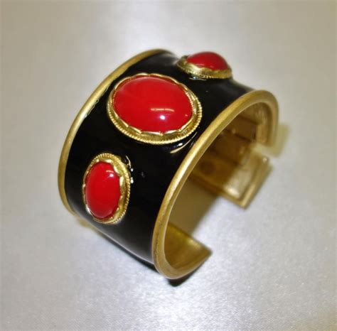 Bold Kenneth Jay Lane Black Enamel With Cabochons Cuff Bracelet Black